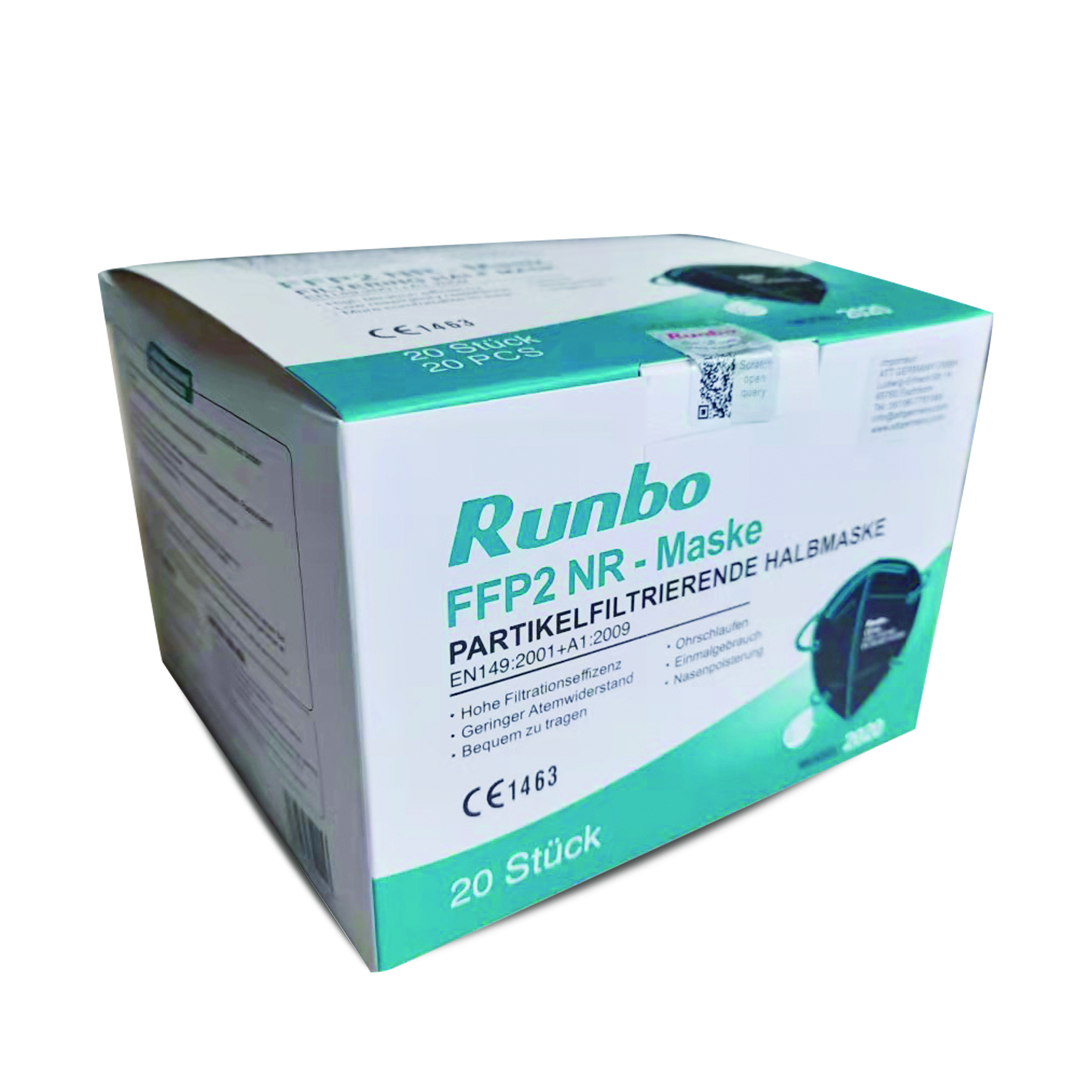   Runbo® FFP2 Maske schwarz 1 Karton( 20er einzeln verpackt x 50Box) 