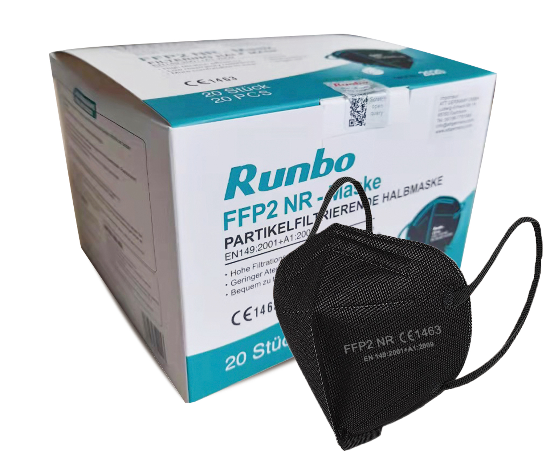   Runbo® FFP2 Maske schwarz 1 Karton( 20er einzeln verpackt x 50Box) 