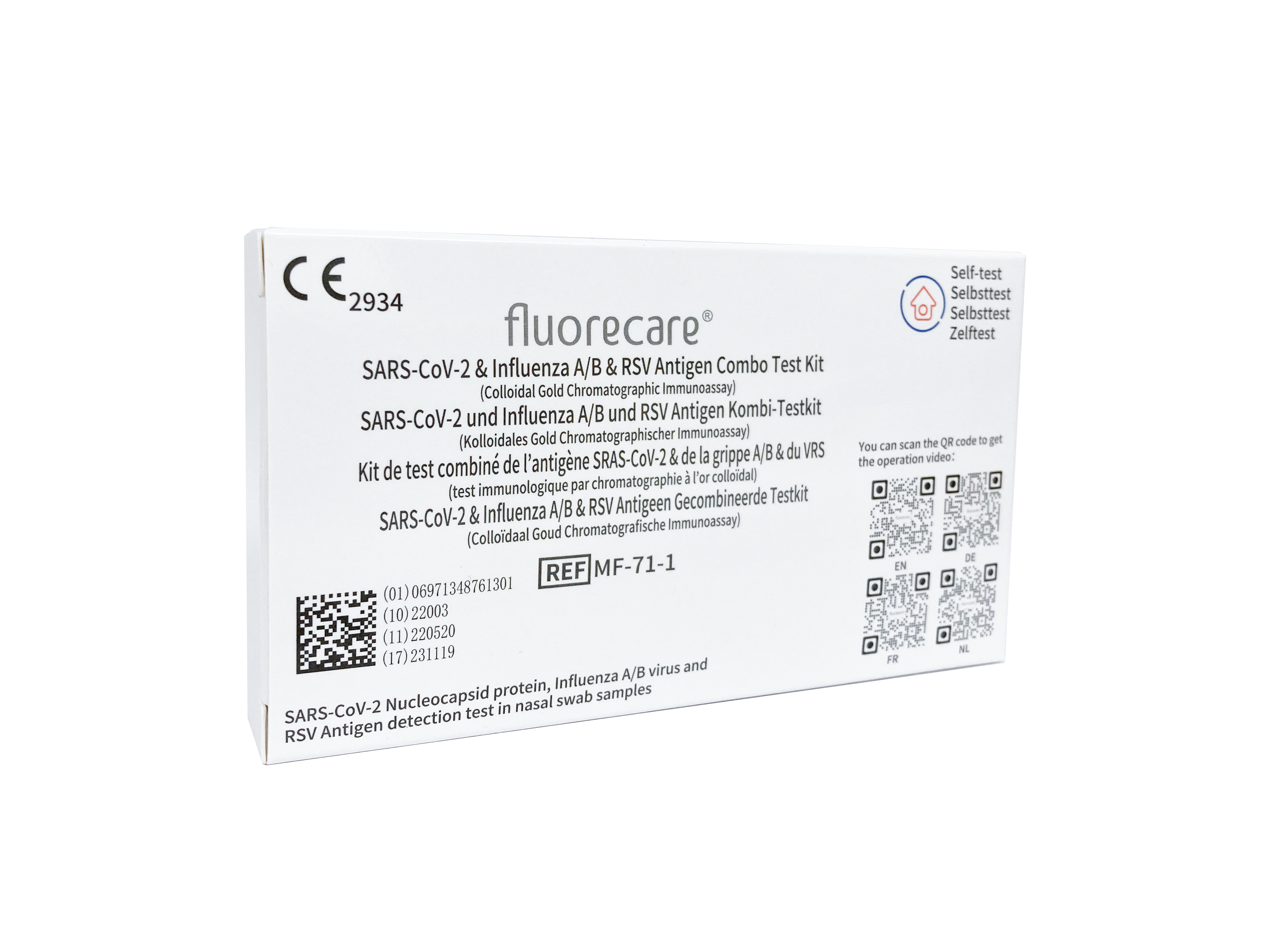 Fluorecare® SARS-CoV-2- & Influenza-A/B- & RSV-Antigen-Kombi-Testkit , 25 Tests, CE2934, MHD bis 04.2024