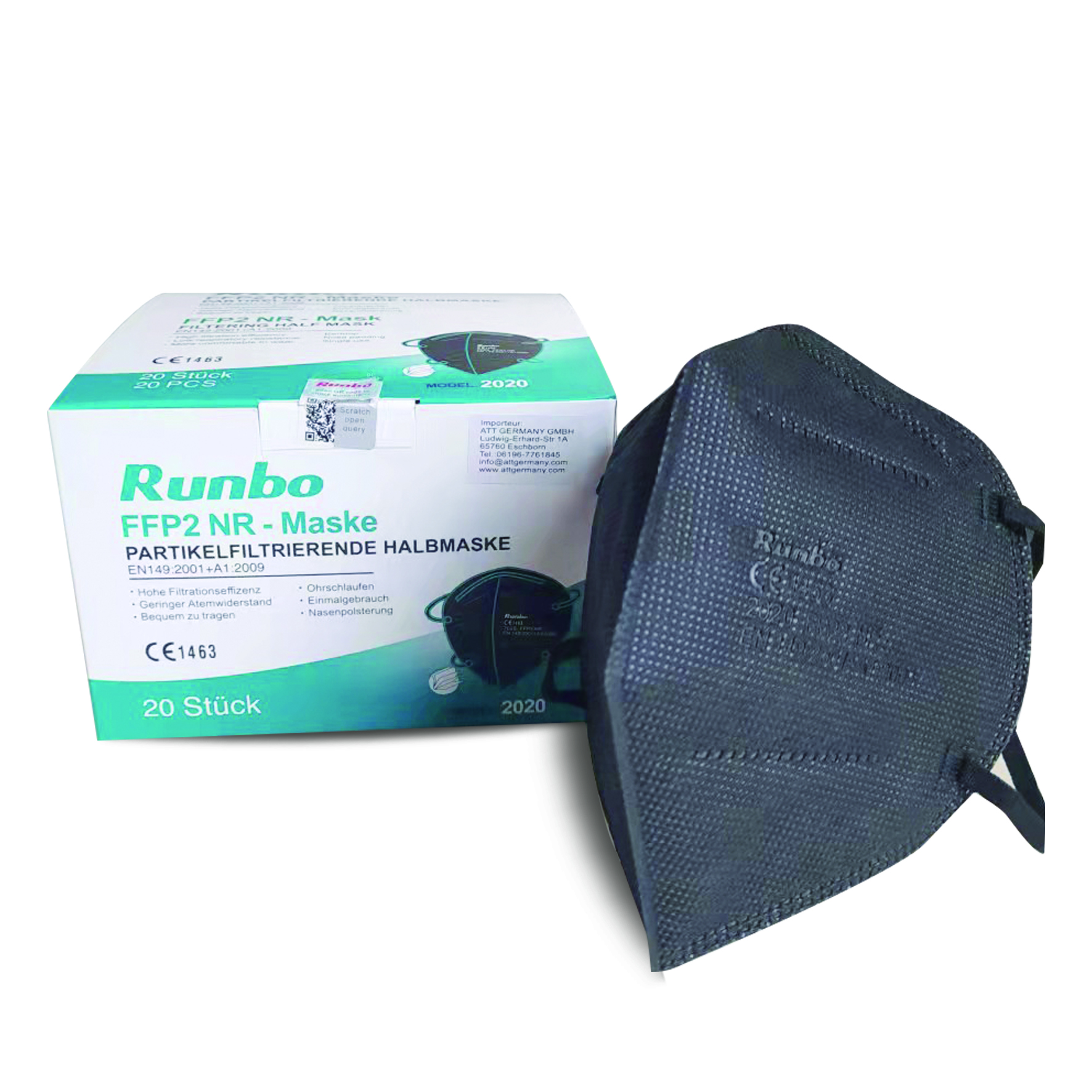   Runbo® FFP2 Maske schwarz 100 Stück ( 20er einzeln verpackt* 5Box) 