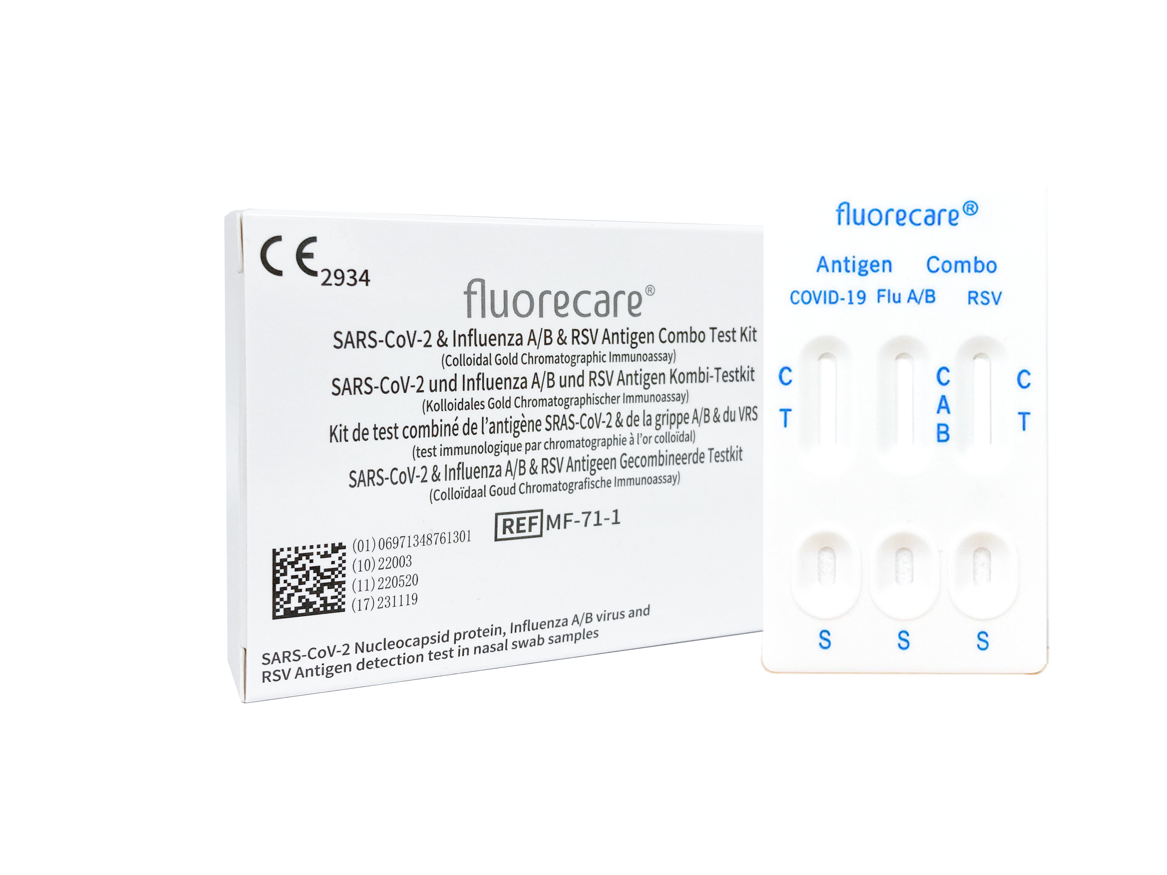 Fluorecare® SARS-CoV-2- & Influenza-A/B- & RSV-Antigen-Kombi-Testkit , 1 Karton(500 Tests) CE2934 