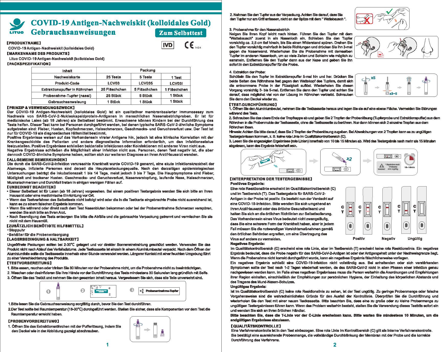     LAIEN LITUO®  Antigen schnelltests NASAL mit CE1434, 1 Karton 500 Tests(Einzelverpackung)